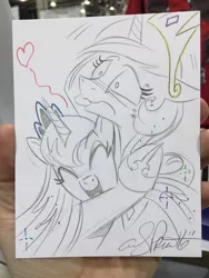 Size: 768x1024 | Tagged: safe, artist:andypriceart, derpibooru import, princess celestia, princess luna, alicorn, pony, andy price is trying to murder us, cute, eyes closed, female, floating heart, heart, hug, lunabetes, mare, open mouth, pencil drawing, royal sisters, sisterly love, tongue out, traditional art