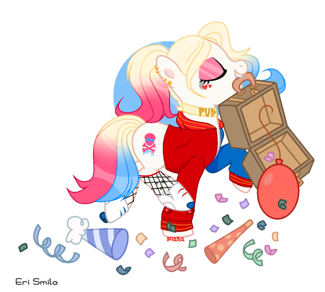 Size: 1401x1259 | Tagged: safe, artist:_vodka, derpibooru import, oc, oc:har-harley queen, unofficial characters only, earth pony, pony, balloon, briefcase, choker, clothes, commission, confetti, ear piercing, earring, eyes closed, eyeshadow, female, fishnets, harley quinn, hat, jacket, jewelry, makeup, mare, mouth hold, multicolored hair, party hat, piercing, raised hoof, raised leg, roller skates, simple background, socks, solo, stockings, tattoo, thigh highs, transparent background, ych result