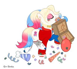 Size: 1401x1259 | Tagged: safe, artist:_vodka, derpibooru import, oc, oc:har-harley queen, unofficial characters only, earth pony, pony, balloon, briefcase, choker, clothes, commission, confetti, ear piercing, earring, eyes closed, eyeshadow, female, fishnets, harley quinn, hat, jacket, jewelry, makeup, mare, mouth hold, multicolored hair, party hat, piercing, raised hoof, raised leg, roller skates, simple background, socks, solo, stockings, tattoo, thigh highs, transparent background, ych result