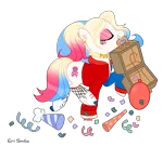 Size: 1401x1259 | Tagged: safe, artist:_vodka, derpibooru import, oc, oc:har-harley queen, unofficial characters only, earth pony, pony, balloon, briefcase, choker, clothes, commission, confetti, ear piercing, earring, eyes closed, eyeshadow, female, fishnets, harley quinn, hat, jacket, jewelry, makeup, mare, mouth hold, multicolored hair, party hat, piercing, raised hoof, raised leg, roller skates, simple background, socks, solo, stockings, tattoo, thigh highs, transparent background, ych result