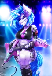 Size: 2640x3875 | Tagged: suggestive, artist:drizziedoodles, derpibooru import, vinyl scratch, anthro, unicorn, alternate cutie mark, armband, belly button, bellyring, big breasts, boots, breasts, busty vinyl scratch, cleavage, clothes, denim shorts, ear piercing, electric guitar, erect nipples, eyebrow piercing, eyes closed, eyeshadow, female, fingerless gloves, gloves, grin, guitar, makeup, musical instrument, nipple outline, piercing, shoes, shorts, skull, smiling, sunglasses, tanktop, tattoo, wide hips, wristband