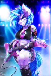 Size: 2640x3875 | Tagged: suggestive, artist:drizziedoodles, derpibooru import, vinyl scratch, anthro, unicorn, alternate cutie mark, armband, belly button, big breasts, boots, breasts, busty vinyl scratch, chromatic aberration, cleavage, clothes, denim shorts, ear piercing, electric guitar, eyes closed, female, fingerless gloves, gloves, grin, guitar, musical instrument, piercing, schrödinger's pantsu, shoes, shorts, skull, smiling, sunglasses, tanktop, tattoo, wide hips