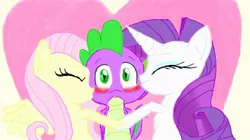 Size: 1194x669 | Tagged: safe, artist:sparky-the-hedgehog, derpibooru import, fluttershy, rarity, spike, female, flutterspike, heart, heart background, holiday, kiss on the cheek, kiss sandwich, kissing, male, shipping, sparishy, sparity, straight, valentine's day