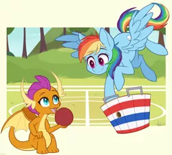 Size: 1200x1084 | Tagged: safe, artist:higgly-chan, derpibooru import, rainbow dash, smolder, dragon, pegasus, pony, basket, buckball, buckbasket, bushel basket, cute, dragoness, duo, female, flying, looking at each other, mare, open mouth, outdoors, sitting, smiling, smolderbetes, spread wings, wings
