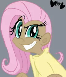 Size: 474x549 | Tagged: a bird in the hoof, always works, artist:mirabuncupcakes15, clothes, dark skin, derpibooru import, dreamworks face, female, fluttershy, gray background, grin, human, humanized, raised eyebrow, safe, scene interpretation, simple background, smiling, solo, sweater
