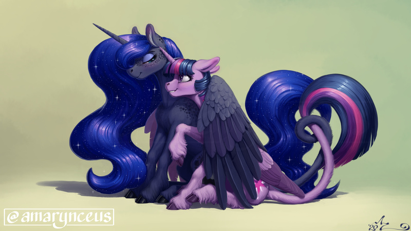 Size: 2400x1350 | Tagged: safe, artist:amarynceus, deleted from derpibooru, derpibooru import, princess luna, twilight sparkle, twilight sparkle (alicorn), alicorn, classical unicorn, pony, unicorn, blushing, cloven hooves, dappled, ear fluff, female, hug, image, intertwined tails, jpeg, leonine tail, lesbian, mare, obtrusive watermark, shipping, sitting, tail, twiluna, unshorn fetlocks, watermark, winghug