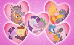 Size: 3543x2170 | Tagged: safe, artist:porygon2z, derpibooru import, gabby, gallus, rarity, smolder, spike, twilight sparkle, oc, oc:axel, oc:blaze, oc:draco, oc:hocus pocus, oc:raiza, dragon, gryphon, canon x oc, female, male, shipping, sparity, straight