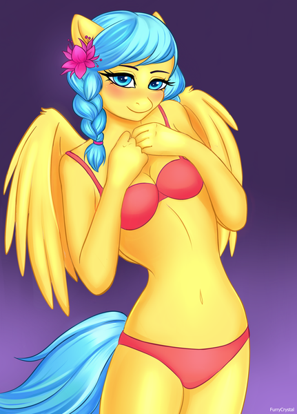 Size: 2157x3000 | Tagged: alternate version, anthro, anthro oc, artist:furrycrystal, belly, belly button, bikini, bikini bottom, blue eyes, blushing, bra, braid, breasts, clothes, commission, derpibooru import, female, flower, flower in hair, lingerie, mare, oc, oc:jeppesen, panties, pegasus, pegasus oc, red bra, red panties, red underwear, solo, solo female, suggestive, swimsuit, twin braids, underwear, unofficial characters only, wing fluff, wings, ych result, your character here