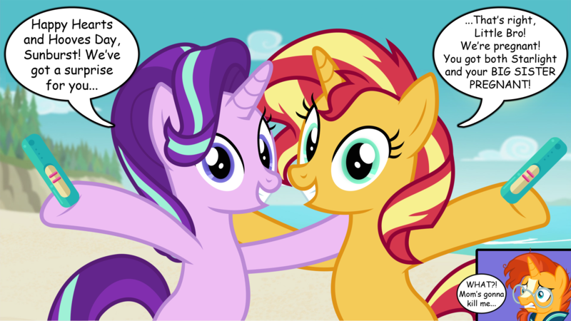 Size: 2190x1233 | Tagged: suggestive, artist:anime-equestria, derpibooru import, editor:wild stallions, starlight glimmer, stellar flare, sunburst, sunset shimmer, pony, unicorn, comic:the first incestuous foal of sunset shimmer, beach, bipedal, brother and sister, cliffs, cloud, cute, duo, explicit description, female, glimmerbetes, hearts and hooves day, hug, implied group sex, implied sex, implied threesome, incest, looking at you, male, mare, mother and son, postcard, pregnancy test, pregnant, raised hoof, sand, shimmerbetes, shimmerburst, shipping, siblings, smiling, speech bubble, starburst, straight, sun, sunburst gets all the mares, suncest, suncest shimmer, sunny siblings, tree, vector