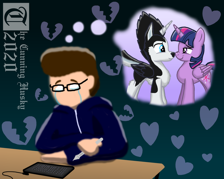 Size: 2258x1800 | Tagged: safe, artist:mrchaosthecunningwlf, artist:ponyvillechaos577, derpibooru import, twilight sparkle, twilight sparkle (alicorn), oc, oc:frost cloud, alicorn, dog, human, husky, hybrid, pony, alicorn oc, boop, canon x oc, crossbreed, daydream, depressed, drawing tablet, explanation in the description, fantasy, female, hearts and hooves day, holiday, horn, lonely, male, mare, sad, twifrost, valentine's day, vent art, wings