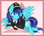 Size: 2600x2100 | Tagged: safe, artist:higgly-chan, derpibooru import, oc, oc:cirrus updraft, unofficial characters only, pegasus, pony, blue eyes, blushing, clothes, commission, delta airlines, female, flying, hat, high res, mare, necktie, pegasus oc, pilot, salute, simple background, smiling, solo, uniform, wings