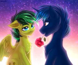 Size: 2427x2019 | Tagged: safe, artist:hakaina, derpibooru import, oc, oc:aura skye, oc:evergreen feathersong, unofficial characters only, pegasus, pony, unicorn, chest fluff, commission, flower, flower in mouth, mouth hold, rose, rose in mouth, ych result