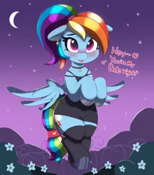 Size: 4304x4892 | Tagged: safe, artist:pabbley, derpibooru import, rainbow dash, pegasus, pony, absurd resolution, adorasexy, alternate hairstyle, beautiful, beautisexy, blushing, choker, clothes, crescent moon, cute, daaaaaaaaaaaw, dashabetes, date night, dialogue, dress, ear piercing, eyelashes, female, flying, heart, heart eyes, hoof polish, hooves to the chest, little black dress, looking at you, mare, moon, night, piercing, ponytail, rainbow dash always dresses in style, see-through, sexy, shoes, socks, solo, stars, stupid sexy rainbow dash, tail wrap, thigh highs, tomboy taming, wingding eyes, zettai ryouiki
