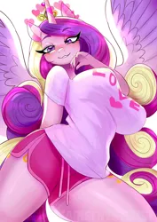 Size: 900x1274 | Tagged: suggestive, artist:amethystdust, derpibooru import, princess cadance, alicorn, anthro, beautiful, bedroom eyes, big breasts, breasts, busty princess cadance, clothes, crown, female, floating heart, heart, heart eyes, jewelry, mare, regalia, sexy, shirt, shorts, solo, solo female, sports shorts, thighs, t-shirt, wingding eyes