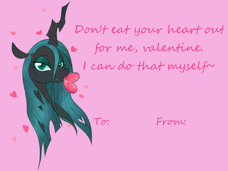 Size: 1000x750 | Tagged: artist:puddingskinmcgee, bust, changeling, changeling queen, derpibooru import, female, heart, holiday, looking at you, queen chrysalis, safe, simple background, solo, text, valentine, valentine's day