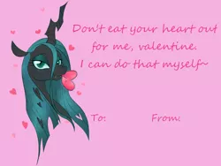 Size: 1000x750 | Tagged: artist:puddingskinmcgee, bust, changeling, changeling queen, derpibooru import, female, heart, holiday, looking at you, queen chrysalis, safe, simple background, solo, text, valentine, valentine's day