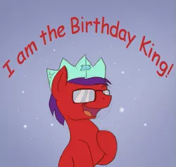 Size: 701x668 | Tagged: safe, artist:ravenpuff, deleted from derpibooru, derpibooru import, oc, oc:dice check, unofficial characters only, earth pony, pony, birthday, crown, earth pony oc, glasses, hat, hooves to the chest, jewelry, male, open mouth, paper hat, regalia, smiling, solo, stallion
