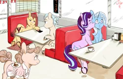 Size: 3060x1980 | Tagged: safe, artist:jojohernandez, derpibooru import, starlight glimmer, trixie, earth pony, pony, unicorn, cafe, coffee, cup, februpony, female, kiss on the cheek, kissing, lesbian, mare, mug, shipping, sitting, startrix, table, window