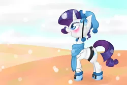 Size: 1200x800 | Tagged: safe, artist:distractedsketching, artist:theluckyangel, derpibooru import, rarity, pony, unicorn, blushing, clothes, coat, cuffs (clothes), cute, female, hat, mare, open mouth, profile, raribetes, scarf, shoes, snow, snowfall, solo