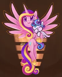 Size: 1261x1567 | Tagged: safe, artist:mn27, derpibooru import, princess cadance, princess flurry heart, alicorn, pony, abstract background, baby, baby pony, cute, female, flurrybetes, hoof sucking, mare, mother and child, mother and daughter, one eye closed, spread wings, wings