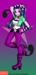 Size: 483x1000 | Tagged: safe, artist:srasomeone, derpibooru import, aria blaze, equestria girls, belt, boots, breasts, busty aria blaze, cleavage, clothes, commission, cutie mark background, female, gem, gradient background, green background, hand on hip, high heel boots, jacket, looking at you, microphone, pants, patreon, patreon reward, platform heels, pose, purple background, raised leg, shiny, shoes, simple background, siren gem, smiling, solo, top, watermark, wristband