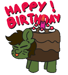 Size: 664x737 | Tagged: safe, artist:threetwotwo32232, derpibooru import, oc, oc:green ganache, earth pony, pony, 60 fps, :p, animated, cake, candle, food, gif, male, portal (valve), simple background, solo, stallion, the cake is a lie, tongue out, transparent background