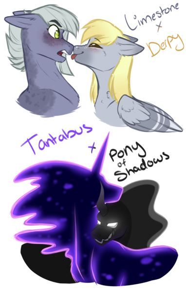 Size: 1400x2200 | Tagged: safe, artist:purplegrim40, derpibooru import, derpy hooves, limestone pie, pony of shadows, tantabus, earth pony, pegasus, pony, crack shipping, derpystone, digital art, female, lesbian, male, mare, shipping, simple background, smiling, straight, tantashadow, transparent background