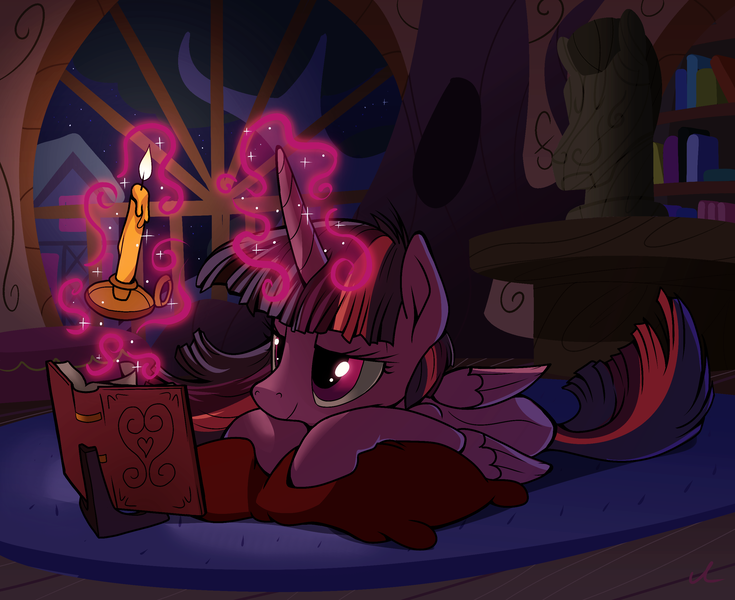 Size: 2773x2264 | Tagged: safe, artist:docwario, derpibooru import, twilight sparkle, twilight sparkle (alicorn), alicorn, pony, book, candle, digital art, female, glowing horn, golden oaks library, high res, horn, levitation, lidded eyes, magic, mare, night, prone, reading, smiling, solo, telekinesis, window