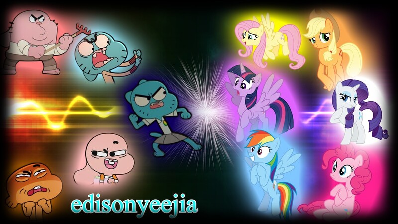 Size: 1920x1080 | Tagged: alicorn, anais watterson, applejack, darwin watterson, derpibooru import, fluttershy, gumball watterson, mane six, nicole watterson, pinkie pie, rainbow dash, rarity, richard watterson, safe, the amazing world of gumball, twilight sparkle, twilight sparkle (alicorn)