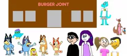 Size: 1339x597 | Tagged: artist needed, safe, derpibooru import, rarity, anthro, bird, cat, digitigrade anthro, human, kangaroo, equestria girls, 1000 hours in ms paint, bandit heeler, bingo heeler, bluey, bluey heeler, cartoon network, chilli heeler, crossover, disney, glasses, nicole watterson, sanjay and craig, sanjay patel, simple background, the amazing world of gumball, white background