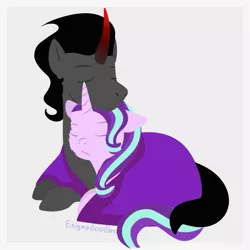 Size: 825x825 | Tagged: safe, artist:enigmadoodles, derpibooru import, king sombra, starlight glimmer, pony, unicorn, blanket, female, male, prone, shipping, simple background, starlightsombra, straight
