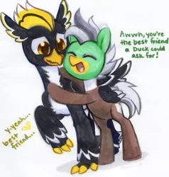 Size: 2004x2106 | Tagged: safe, artist:dawnfire, derpibooru import, oc, oc:duk, oc:ping wing, unofficial characters only, bird, duck, hippogriff, pegasus, penguin, pony, cute, friendzone, hug, nervous, pegaduck, quack, quak, traditional art