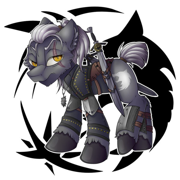 Size: 900x900 | Tagged: safe, artist:mychelle, derpibooru import, ponified, earth pony, pony, armor, geralt of rivia, knife, male, simple background, solo, stallion, the witcher, transparent background