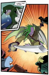 Size: 1280x1949 | Tagged: safe, artist:candyclumsy, derpibooru import, spike, dragon, pony, comic:revolution of harmony, cloak, clothes, dialogue, metal wing, older, older spike, sword, this will end in death, this will end in tears, this will end in tears and/or death, weapon, winged spike