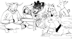 Size: 1280x718 | Tagged: safe, artist:redruin01, derpibooru import, princess luna, oc, alicorn, anthro, big cat, deer, pony, rabbit, tiger, wolf, yak, animal, anthro oc, book, calligraphy, clothes, desk, glasses, grayscale, monochrome