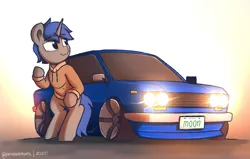 Size: 2760x1750 | Tagged: safe, artist:perezadotarts, derpibooru import, oc, unofficial characters only, pony, unicorn, car, clothes, datsun, datsun 510, hoodie, light, simple background, text, vehicle