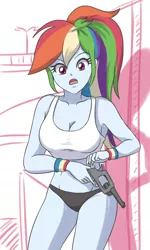 Size: 1366x2283 | Tagged: suggestive, artist:sumin6301, derpibooru import, rainbow dash, equestria girls, ammunition, breasts, bullet, busty rainbow dash, female, gun, handgun, open mouth, revolver, solo, weapon, wristband