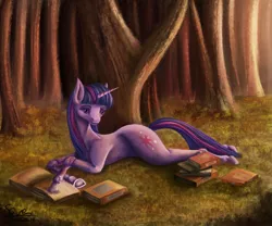 Size: 3985x3320 | Tagged: safe, artist:seven9988, derpibooru import, twilight sparkle, pony, unicorn, book, female, forest, hoers, lying down, mare, prone, reading, solo, tree, unicorn twilight