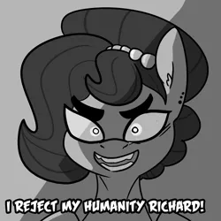 Size: 2250x2250 | Tagged: safe, artist:tjpones, derpibooru import, part of a set, oc, oc:brownie bun, unofficial characters only, earth pony, pony, horse wife, bust, dialogue, dio brando, female, grayscale, jewelry, jojo reference, jojo's bizarre adventure, looking at you, mare, monochrome, necklace, pearl necklace, simple background, solo