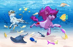 Size: 1280x828 | Tagged: safe, artist:earthsong9405, deleted from derpibooru, derpibooru import, oc, oc:cloudy patches, unofficial characters only, bull, earth pony, fish, pony, tropical fish, blue tang, bubble, cloven hooves, commission, female, male, mare, piebald coloring, ray (fish), realistic horse legs, socks (coat marking), swimming, underwater
