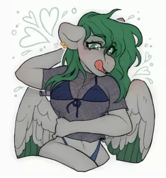 Size: 3082x3297 | Tagged: suggestive, artist:misocosmis, derpibooru import, oc, unofficial characters only, anthro, pegasus, bikini, bikini top, breasts, clothes, colored wings, ear piercing, earring, erect nipples, female, jewelry, licking, licking lips, lidded eyes, multicolored wings, nipple outline, piercing, see-through, simple background, solo, solo female, swimsuit, tongue out, white background, wings