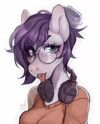 Size: 1652x2048 | Tagged: safe, artist:misocosmis, derpibooru import, oc, oc:vylet, unofficial characters only, anthro, pegasus, :p, clothes, glasses, hair bun, headphones, mane bun, simple background, solo, tongue out, white background