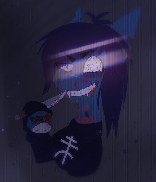 Size: 2238x2607 | Tagged: semi-grimdark, artist:blue_raven, derpibooru import, ponified, ponified:oliver sykes, earth pony, pony, undead, zombie, zombie pony, abstract background, blood, bone, bring me the horizon, bust, clothes, commission, crazed, drop dead clothing, evil grin, eye clipping through hair, fangs, glasgow smile, grin, hoof hold, knife, long sleeves, male, nosebleed, rainbow blood, scar, shirt, smiling, solo, stallion, swirly eyes, tattoo, ych result