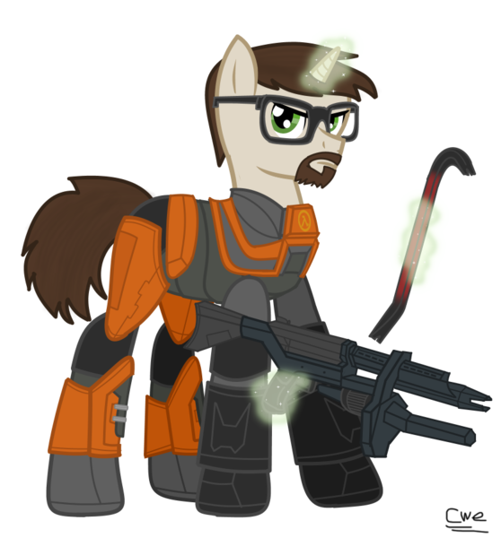 Size: 840x903 | Tagged: safe, artist:99999999000, derpibooru import, ponified, pony, unicorn, ar2, clothes, crowbar, glasses, gordon freeman, gun, half-life, half-life 2, hev suit, male, pulse rifle, rifle, simple background, solo, suit, transparent background, video game, weapon