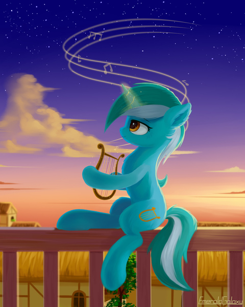 Size: 1600x2000 | Tagged: safe, artist:emeraldgalaxy, derpibooru import, lyra heartstrings, pony, unicorn, cloud, fence, lyre, music notes, musical instrument, sitting on fence, solo, twilight (astronomy)