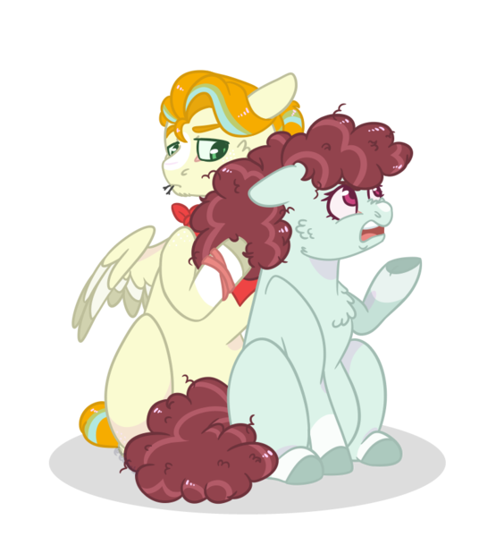 Size: 790x854 | Tagged: safe, artist:echabi, derpibooru import, oc, oc:juicy fruit, oc:mimosa, unofficial characters only, earth pony, pegasus, pony, female, magical lesbian spawn, male, mare, offspring, parent:applejack, parent:coloratura, parent:lightning dust, parent:rainbow dash, parents:appledust, parents:raradash, simple background, stallion, transparent background