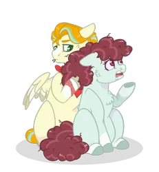 Size: 790x854 | Tagged: safe, artist:echabi, derpibooru import, oc, oc:juicy fruit, oc:mimosa, unofficial characters only, earth pony, pegasus, pony, female, magical lesbian spawn, male, mare, offspring, parent:applejack, parent:coloratura, parent:lightning dust, parent:rainbow dash, parents:appledust, parents:raradash, simple background, stallion, transparent background