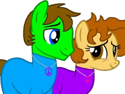 Size: 932x699 | Tagged: safe, artist:angrybeavers1997, derpibooru import, oc, oc:aspen, oc:ryan, unofficial characters only, earth pony, bodysuit, catsuit, couple, female, hippie, holiday, jewelry, latex, latex suit, looking at each other, male, necklace, peace suit, peace symbol, romantic, rubber suit, simple background, straight, transformation, transparent background, valentine's day