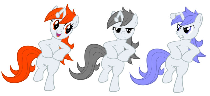 Size: 3612x1661 | Tagged: safe, artist:stabzor, derpibooru import, oc, oc:apathia, oc:discentia, oc:karma, ponified, unofficial characters only, pony, unicorn, angry, bipedal, dancing, female, happy, high res, mare, party pony, reddit, simple background, transparent background, trio, vector