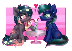 Size: 1762x1258 | Tagged: safe, artist:sickly-sour, derpibooru import, oc, oc:ender, oc:star universe, unofficial characters only, pegasus, pony, blushing, cookies and cream, cute, ear piercing, earring, ender's herd, ethereal mane, female, food, heart, hearts and hooves day, in love, jewelry, looking at each other, love, love is in the air, male, mare, milkshake, piercing, sharing a drink, simple background, stallion, starry mane, stender, table, transparent background, whipped cream